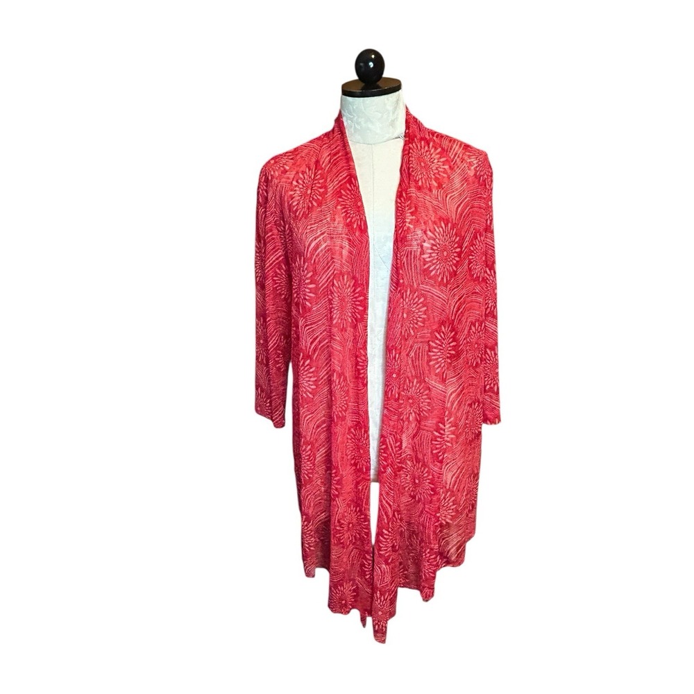 Chico's Sz2 (M) Open Sheer Light Cardigan Red Mandala Print Long Sleeve Stretch